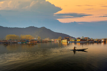 Sunset at Dal Lake, City of water at Kashmir. Lifestyle of people transportation around Dal Lake...