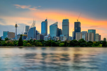 Sunset at Sydney, Australia. Cityscape of building at Sydney central business around the harbour. Aerial view of Sydney business building at dusk.
