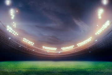 Fototapeta na wymiar Green soccer field, bright spotlights
