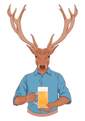 A cute deer in blue shirt holds  mug of beer in his hands.  Antopomorphic vector illustration. Oktoberfest, beer day, cafes, bars