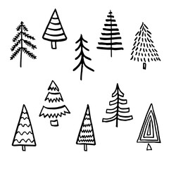 Obraz premium Hand drawn Christmas tree set, doodle black vectors collection, linear style symbols collection