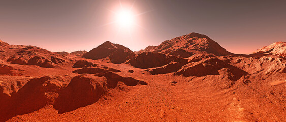 Fototapeta na wymiar Mars planet background, 3d render of imaginary mars planet terrain, orange eroded desert with mountains and glaring rising sun, realistic science fiction mars landscape illustration.