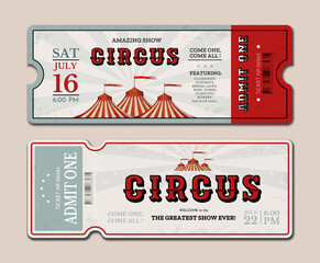 Vintage circus ticket. Carnival event. Retro star amusement. Luxury old style coupon with barcode. Performance marquee. Clown fair show invitation flyers set. Vector background template © SpicyTruffel