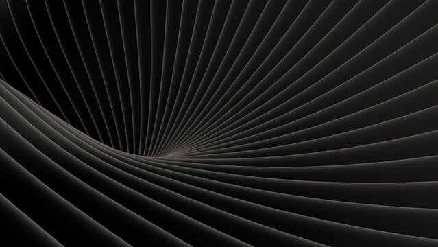 Black background stripes 3D wavy pattern, elegant abstract striped pattern, interesting spiral architectural minimal dark grey backdrop, 3D render illustration.