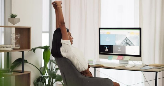Stretching, office desk and woman with computer for website design, seo marketing or copywriting planning, working hard. Tired, burnout and creative graphic designer with overtime on ux ui web design