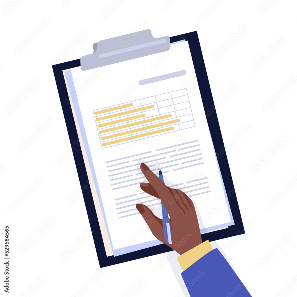 Poster Table top view. Office worker writing on paper tablet. Cartoon characters working with infographics. Pen in arms. Clipboard with document pages. Hand on desk. Vector employee workplace