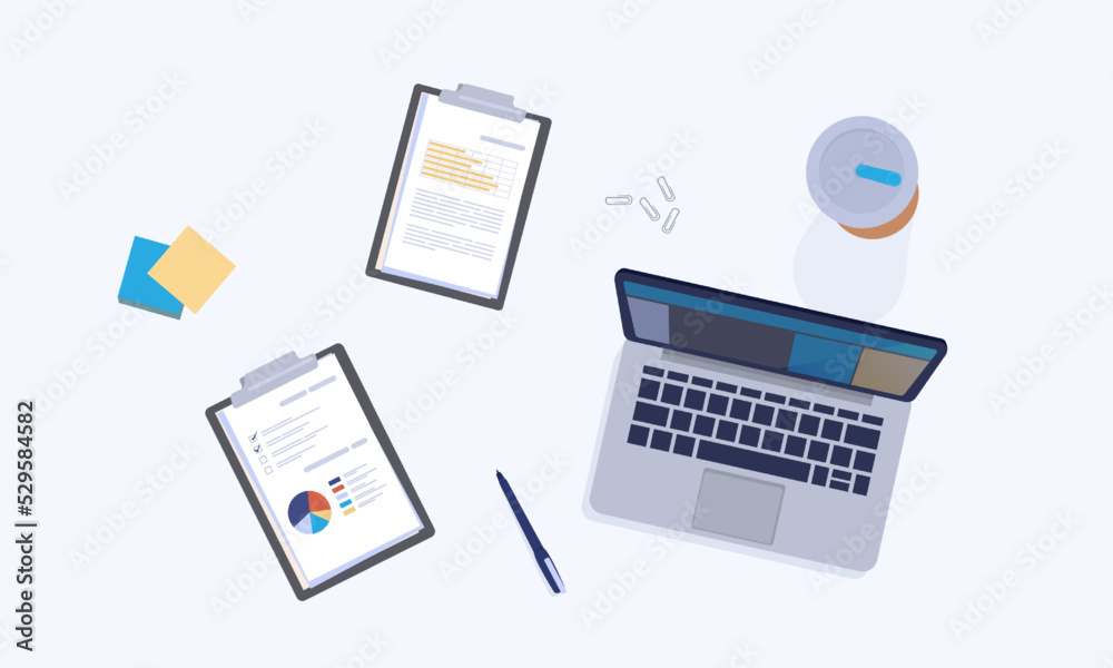 Poster Table top view. Office workplace. Laptop on desk. Paper tablets. Electronic device. Notebook screen. Glass and stationery. Analytical report documents. Pen and note pages. Vector workspace
