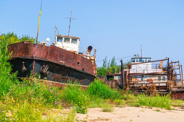 Rusty river ships lie on the sandy shore. Abandoned ships against a background of green bushes and...
