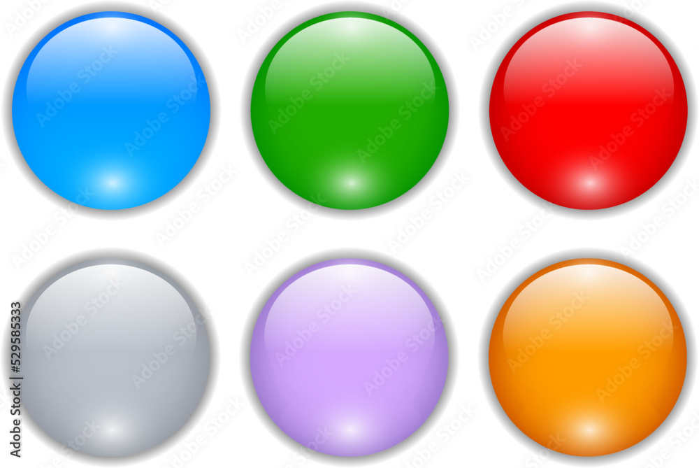 Poster 3D shiny multicolored buttons collection, glossy circle icons vector illustration set.