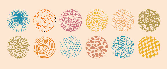 Set of round abstract colored hand drawn doodle shapes. Spots, drops, curves, lines. Backgrounds in the form of a circle of spots, lines, splashes, stripes and dots.