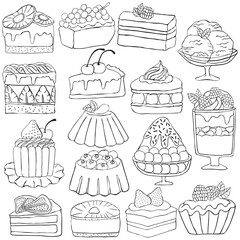 Hand drawn fruit dessert and cake in doodle art style on white background