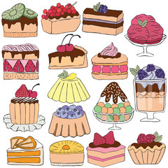 Hand drawn fruit dessert and cake in doodle art style on white background