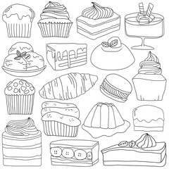 Hand drawn coffee cake and dessert collection set in doodle art style on white background