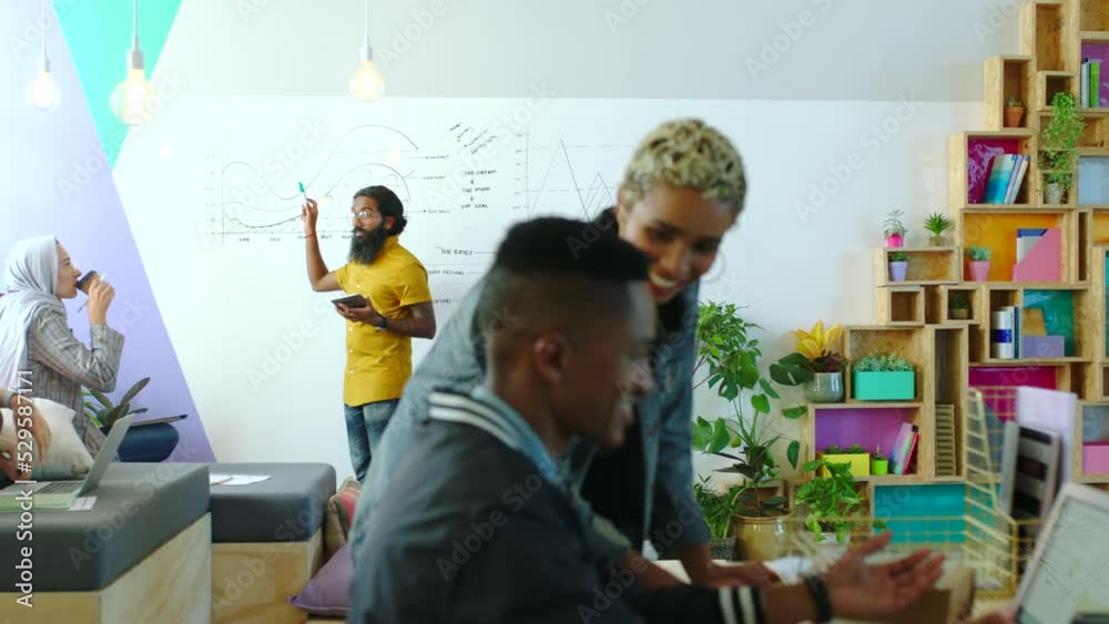Aufkleber Creative man giving a graph presentation to his team on a whiteboard in the company lounge. Diversity, corporate and professional group of employees working on web design strategy with data charts.