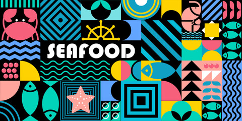 Seafood background in Bauhaus style. Geometric poster with abstract geometry Bauhaus swiss. Fish, crab, shrimp, caviar in futuristic minimal shapes, forms