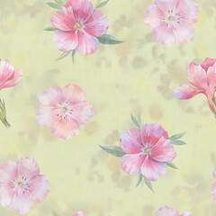 Pink carnation flowers collected in an ornament for design seamless floral pattern, painted in watercolor on a green background.