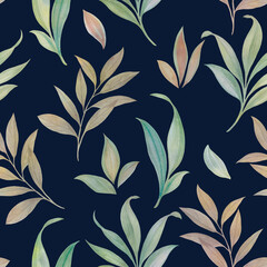 Delicate watercolor leaves isolated on blue background. Seamless botanical pattern for design. abstract pattern of green branches.