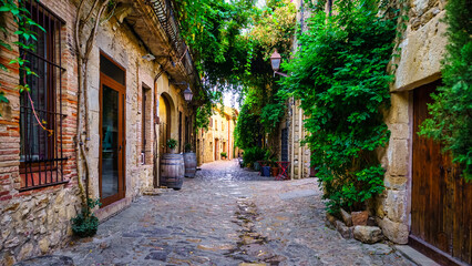 Fototapeta na wymiar Picturesque alley full of green vines making arches between the walls in Peratallada, Girona, Spain.
