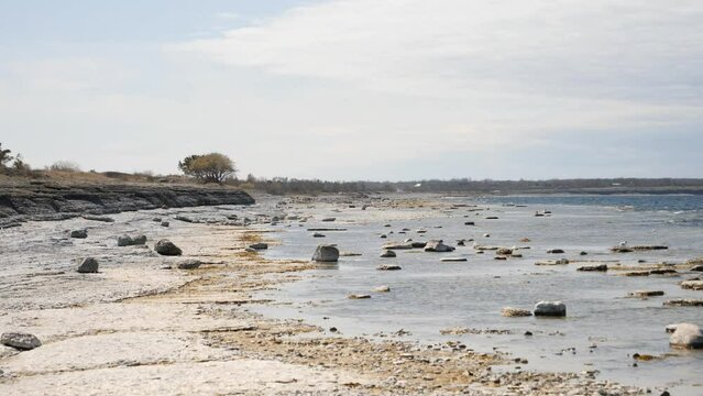 Empty Pebble Beach, Typical Oland Island Coastal Landscape, Pan shot
