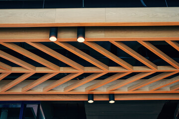 Crop interior photo of decorative wooden ceiling with tubular black lights.