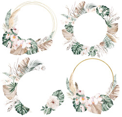 Boho Wedding Watercolor frames with beige and teal green tropical leaves and orchid flowers illustration