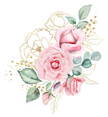 Bouquet frame made of pink watercolor flowers and green leaves, wedding and greeting illustration