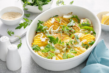 Baked potato with onion and fresh arugula, top view