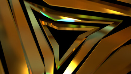 3D rendering of distorted golden-triangles with bullseye pattern in dark environment