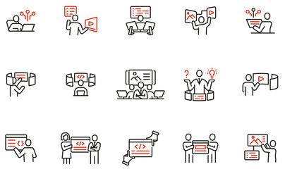 Vector set of linear icons related to engineering development, script coding and programming in javascript and python. IT specialist. Mono line pictograms and infographics design elements