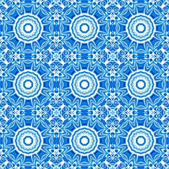 Blue white watercolor azulejos tile background. Seamless coastal geometric floral mosaic effect. Ornamental arabesque all over summer fashion damask repeat
