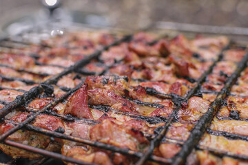 Delicious meat cooked in a grill over burning coals