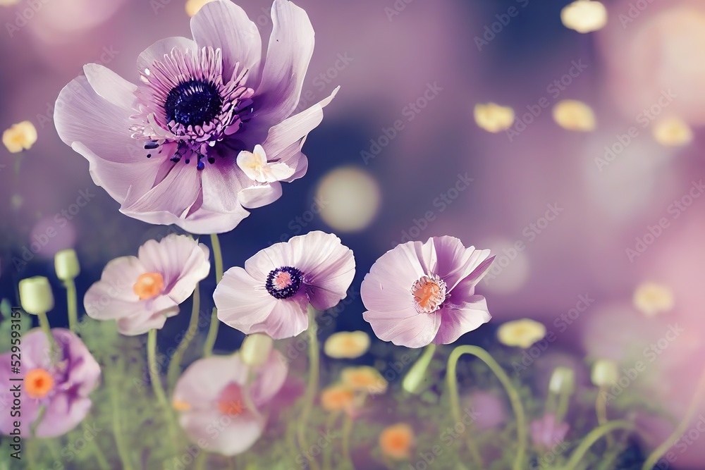 Wall mural Flowers in delicate pastel light pink and purple colors on a summer day 3D illustration