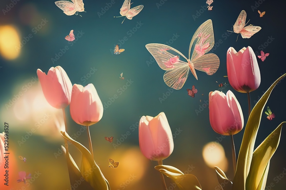 Wall mural Beautiful pink tulips and fluttering butterflies in the gentle sun, 3D rendering