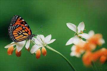 A beautiful butterfly sits on a pale white flower on a green background 3D illustration