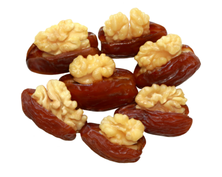 Red dates or jujube stuffed with walnut. Ramadan sweets. Jumbo sweet dates. Dates Medjool stuffed with nut. Walnut filling