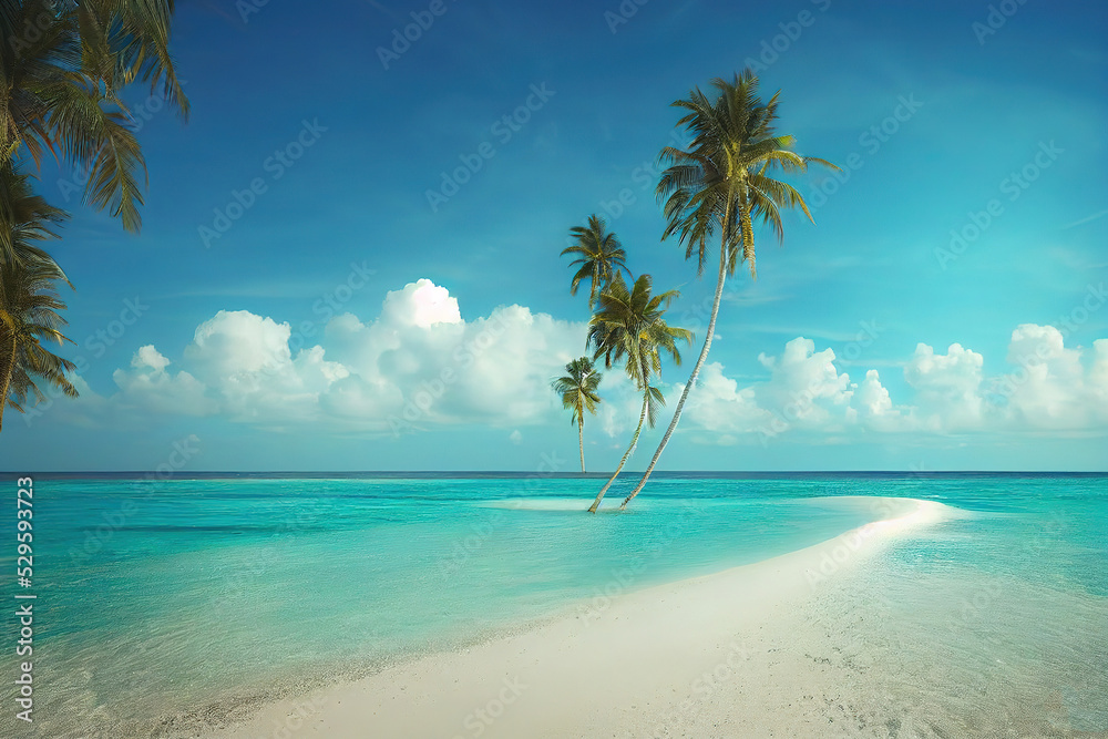 Canvas Prints Beach with yellow sand, palm trees on the shore of the turquoise sea under the bright rays of the summer sun , 3D rendering