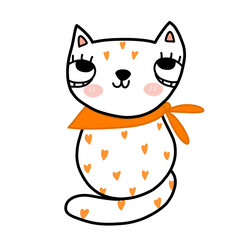 white cat with an orange scarf and hearts