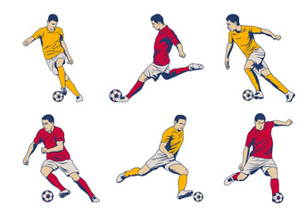 Fototapeta na wymiar A set of vector set of football, soccer players. Soccer players illustration collection. football players kick and dribble.