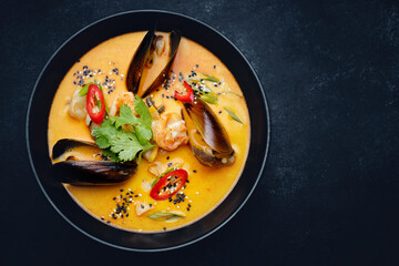Thai soup in a plate with seafood