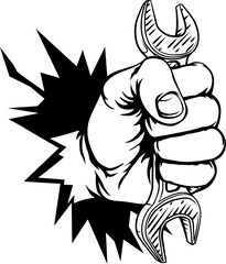 Hand Holding Spanner Wrench Breaking Background