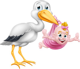 Fototapeta premium Stork Cartoon Pregnancy Myth Bird With Baby Girl