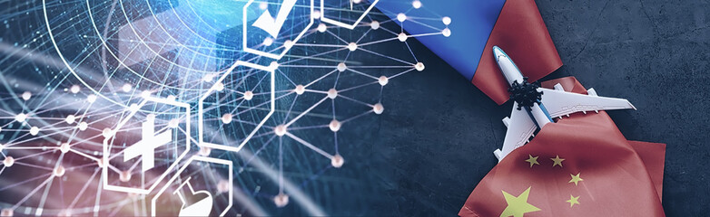 The concept of the world coronavirus pandemic. Geography of the virus. Modern infrastructure for the spread of the disease. Tourists infected have returned. China flag virus model and spread.