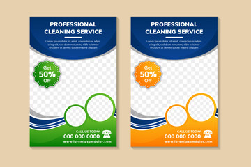 abstract Modern business flyer template for professional cleaning services. green, yellow and blue banners colors design. space for photo collage and text. vertical layout advertising for web design 