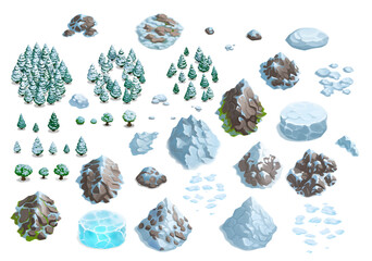 Isometric Stylized Snow Trees, Rocks and Mountains Set for Map Casual Game Style