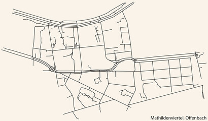 Detailed navigation black lines urban street roads map of the MATHILDENVIERTEL DISTRICT of the German regional capital city of Offenbach am Main, Germany on vintage beige background