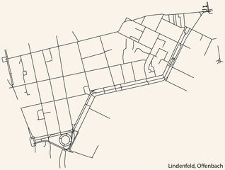Detailed navigation black lines urban street roads map of the LINDENFELD DISTRICT of the German regional capital city of Offenbach am Main, Germany on vintage beige background