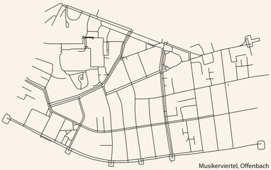 Detailed navigation black lines urban street roads map of the MUSIKERVIERTEL DISTRICT of the German regional capital city of Offenbach am Main, Germany on vintage beige background