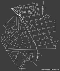 Detailed negative navigation white lines urban street roads map of the TEMPELSEE DISTRICT of the German regional capital city of Offenbach am Main, Germany on dark gray background