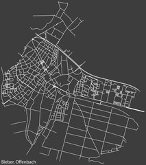 Detailed negative navigation white lines urban street roads map of the BIEBER DISTRICT of the German regional capital city of Offenbach am Main, Germany on dark gray background