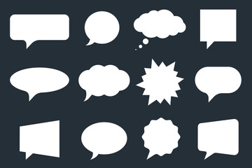 Speech bubbles graphic icons set. Signs blank balloons for thoughts isolated on black background. Empty clouds of dialog. Clouds for text. Vector illustration